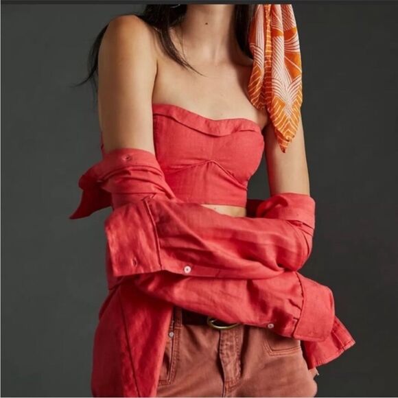 ANTHROPOLOGIE | MAEVE Linen Blend Strapless Red Crop Top NEW Women’s Size Large - Picture 1 of 8